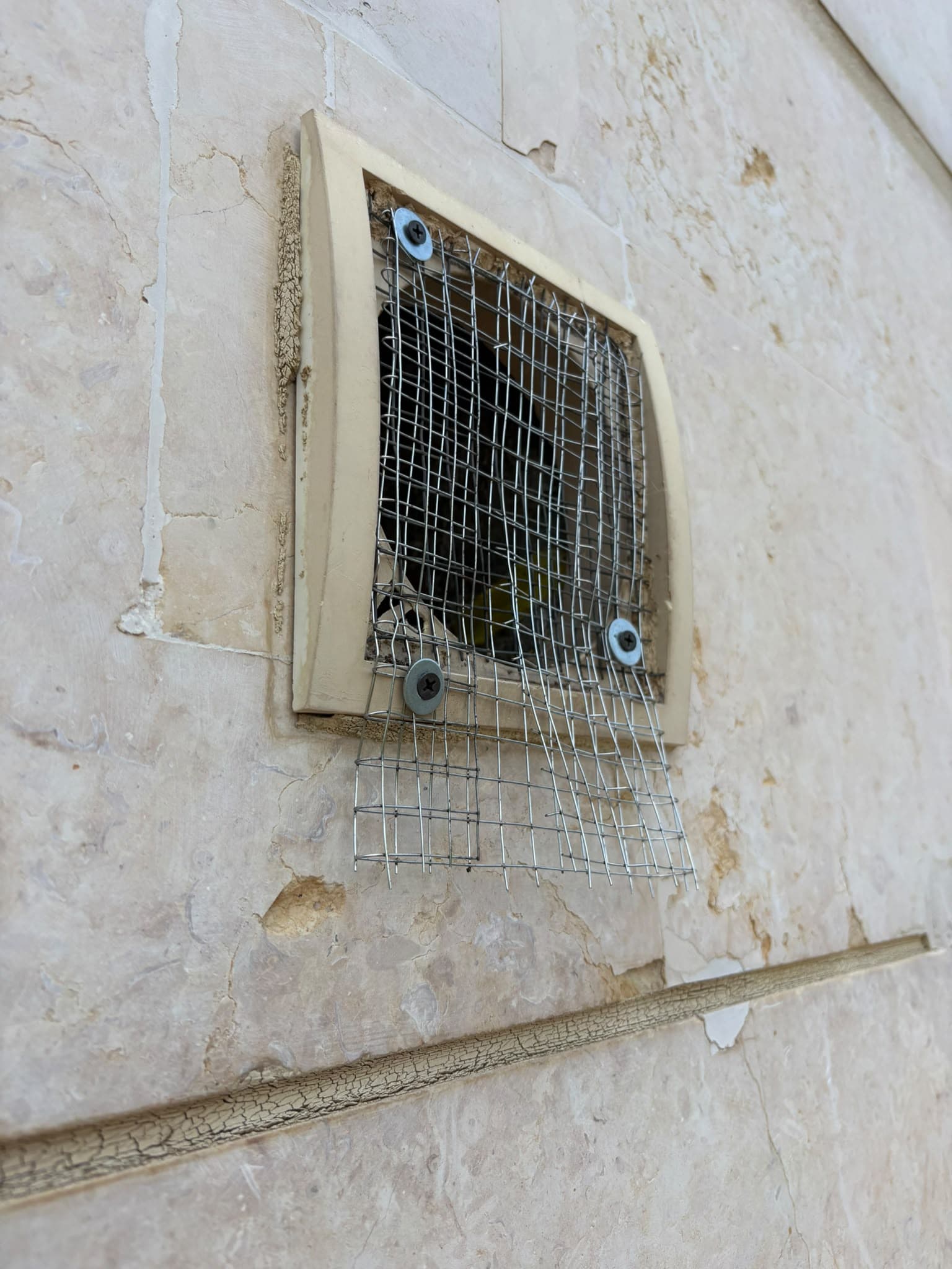 רשת מתכת מקובעת על פתח אוורור בחזית אבן לחסימת כניסת יונים